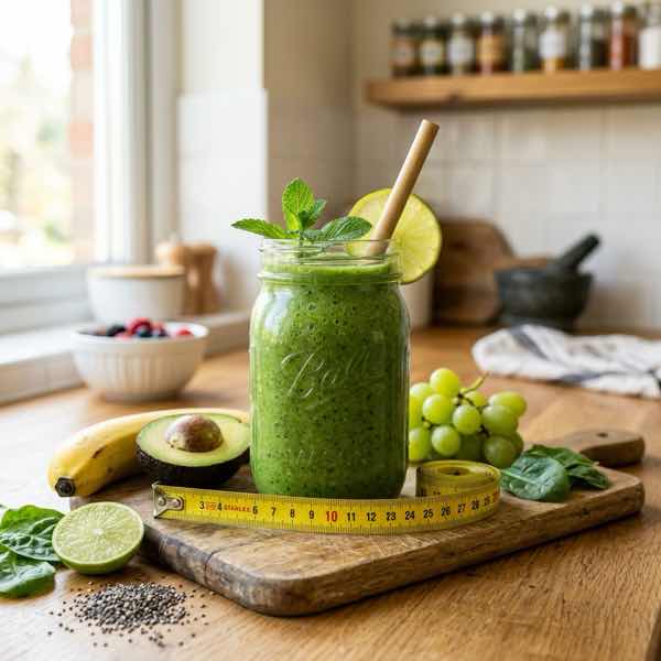Gesunder grüner Smoothie und Maßband auf einem Tisch